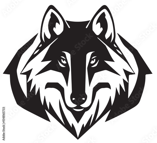 Black and white vector illustration of a stylized wolf head, featuring sharp features and a strong, fierce gaze.
