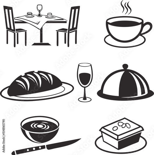 restaurant meal drink dinner food set silhouette vector