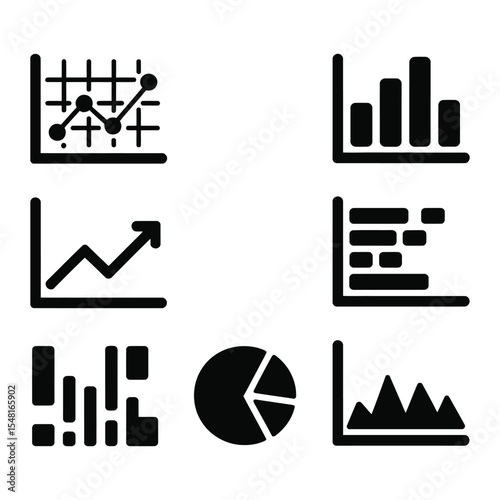 A set of six black and white business analytics and data visualization icons arranged in a 2x3 grid on a white background