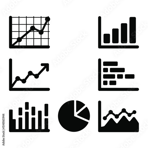 A set of six black and white business analytics and data visualization icons arranged in a 2x3 grid on a white background