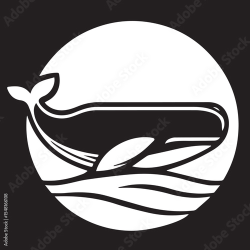 
A striking white vector outline of a whale in a bottle, surrounded by waves, all contained within a circle on a black background.
