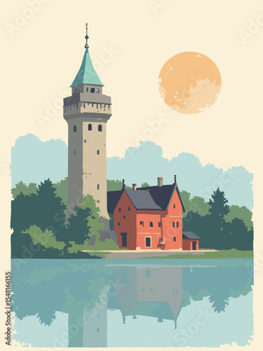 Iserlohn, Germany - Danzturm, Stadtmuseum, Seilersee in tower gray, museum red, lake blue, and pine green