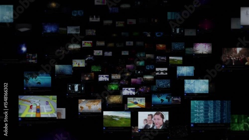 A Wall Of Bright Video Screens Containing Diverse Theme Data In A Dark Internet Made Of Millions Of Flying Screens Blocks. Technology Animation.