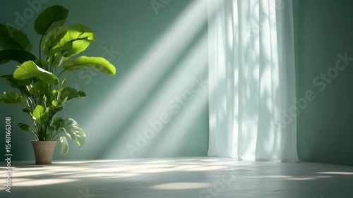 Sunlit Room with Plant: A large, lush potted plant thrives in a sunlit room, illuminated by beams of light streaming through sheer curtains. The tranquil scene evokes a sense of serenity and peace.