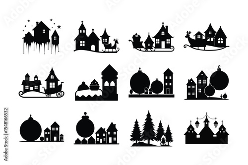 Christmas Village Silhouettes 16 Black and White House and Tree Icons for Holiday Designs