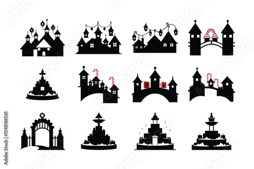 Silhouette Icons Christmas Village, Bridges, Fountains & Gate - Vector EPS