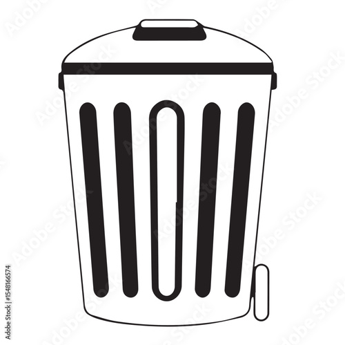 A minimalist black outline vector drawing of a trash can with vertical indentations and a lid, indicating waste disposal.