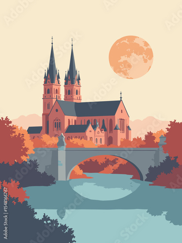 Worms, Germany - Worms Cathedral, Nibelungen Bridge, Luther Monument in cathedral red, bridge gray, statue bronze, and river Rhine blue