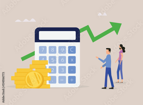 Calculator with coins stack and arrow graph, Financial management