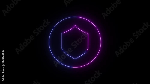 Abstract neon shield symbol with a circle, commonly associated with themes of security and protection in digital contexts.