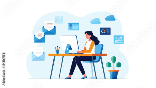 Woman Working at Desk, Managing Emails and Documents