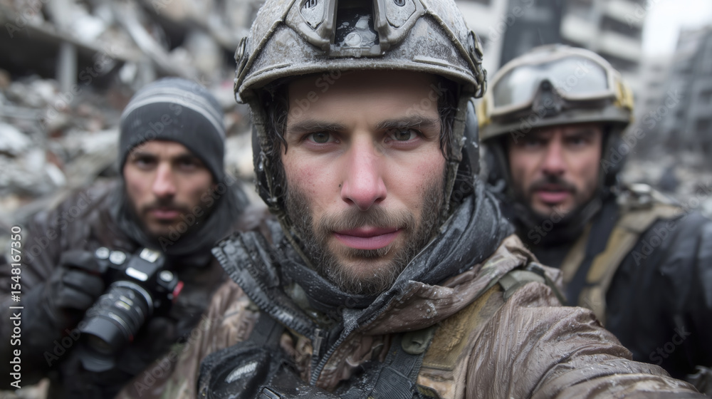 Fototapeta premium Photojournalists and soldiers in war zone ruins, close-up in cold weather