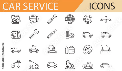 Collection of Car Service Icons: Symbols Representing Car Maintenance, Repair, and Tools for Automotive Industry, Garage, and Service Centers