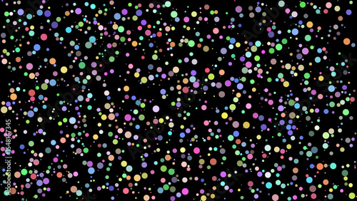 Abstract vector pattern of random scattered colorful circles on a black background that look like confetti. The cirles do not overlap. 
