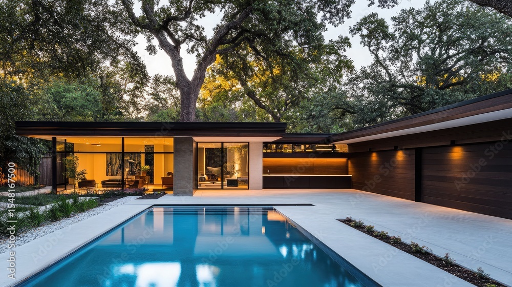 Fototapeta premium Private estate with modern design, blue-lit swimming pool, and warm garage lighting in golden hour