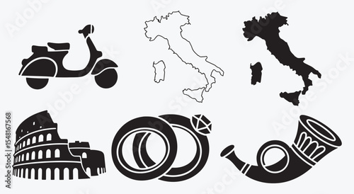 Iconic Italy graphic pack. Vespa scooter, Italy map, Colosseum, wedding rings and postal horn in bold black silhouettes for travel posters and logos