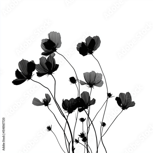 Vibrant Watercolor and realistic Flower Field silhouette with white background, generated via ai