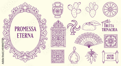 Promessa Eterna Sicilian heritage set. Baroque oval frame, azulejo tiles, Trinacria emblem, cactus pads, fan, lantern, cart wheel and chili ristra in delicate lavender line