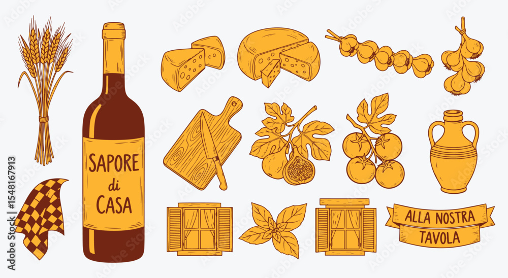 Sapore di Casa pantry pack. Wine bottle, cheese wedges, grape clusters, fig branch, olive oil jug, wheat stalks, basil sprigs and rustic kitchen signs in golden ochre line