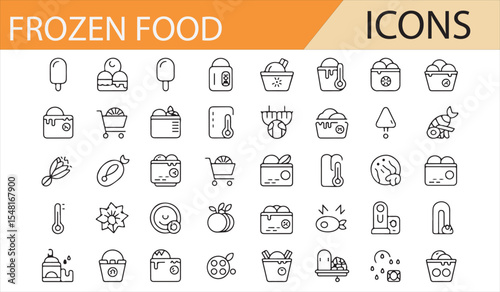 Collection of Frozen Food Icons: Symbols Representing Ice Cream, Frozen Desserts, Frozen Meals, and Food Storage for Culinary and Food Industry Designs