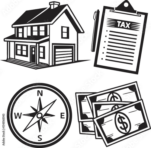 real estate tax money compass house vector icon set