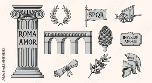 Ancient Rome symbol bundle. Fluted column, laurel wreath, aqueduct, Roman chariot, SPQR flag, pine cone, olive branch scroll and legionary helmet in graphite sketch style