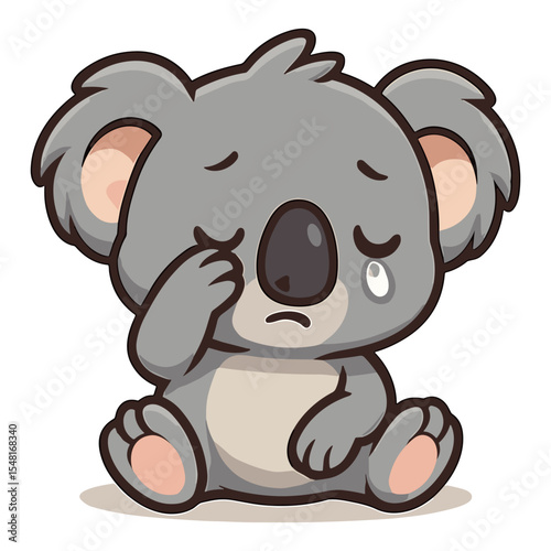Crying cartoon koala sits with hand wiping away a tear.