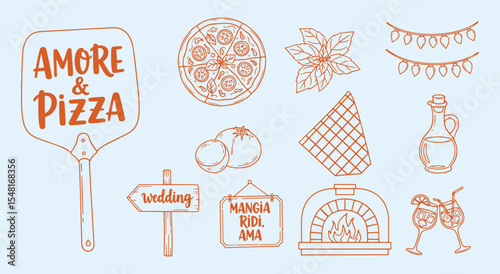Amore e Pizza party icon set. Wood paddle sign, Margherita pie, basil sprig, tomatoes, oven, olive oil cruet, checkered napkin, bunting and prosecco glasses in warm terracotta line
