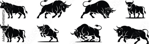 Set of bull silhouette vector illustrations showing charging, standing, and dynamic motion poses in bold style