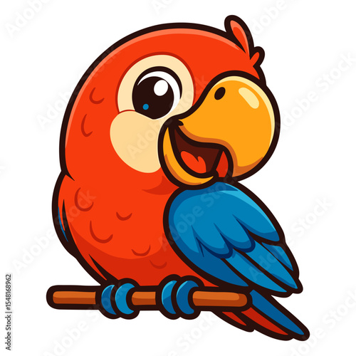 Cartoon red parrot perches, cheerfully smiling on a branch