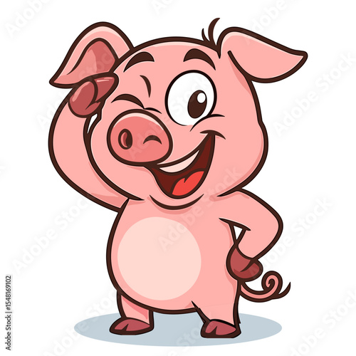 Delightful winking pig cartoon character, full of joy, art