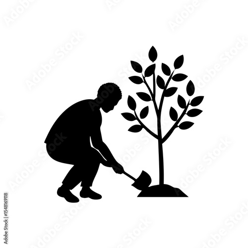 Silhouette of a person planting a tree isolated on white background