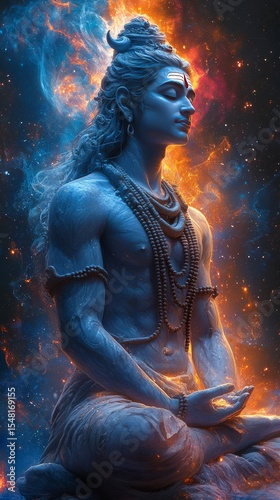 A highly realistic wallpaper of Lord Shiva in deep meditation, surrounded by divine textures with cosmic galaxy in the background. Intricate and spiritual artwork with divine glow.