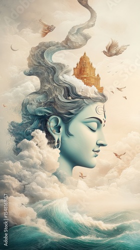 A highly realistic wallpaper of Lord Shiva emerging from sacred waters, surrounded by celestial beings with golden palace in the background. Intricate and spiritual artwork with divine glow. 