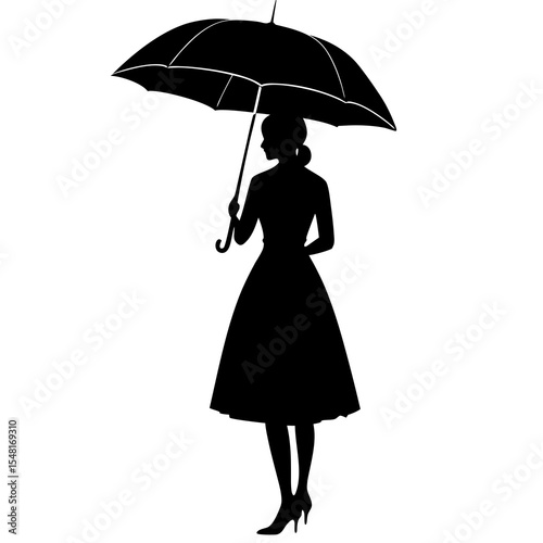 Silhouette of a woman standing under an umbrella isolated on white background