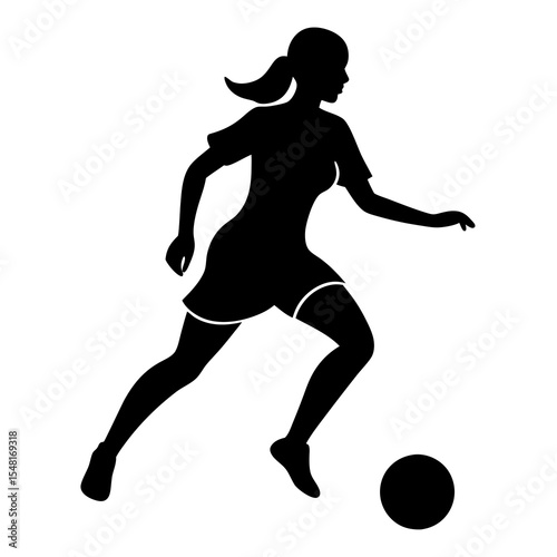 Silhouette of a woman playing soccer isolated on white background