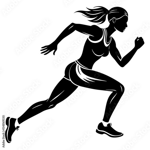 Silhouette of a female athlete running, isolated on white background