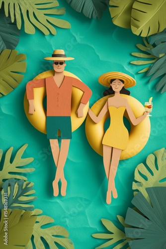 Relaxing couple enjoying a tropical paradise with colorful accessories.