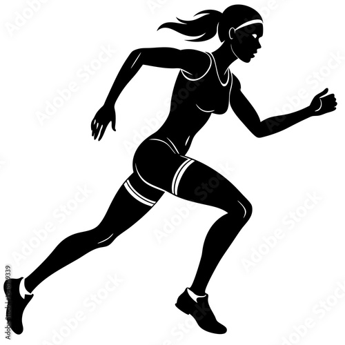 Silhouette of a female athlete running, isolated on white background