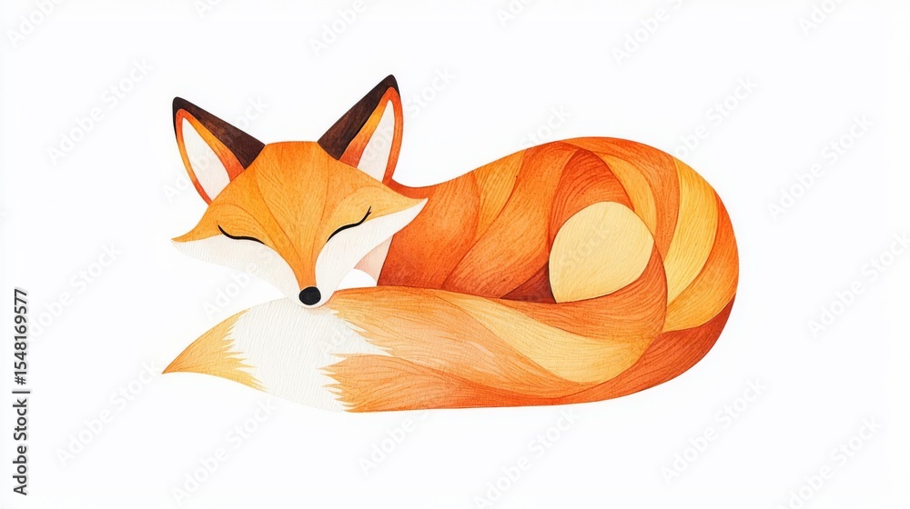 Obraz premium A serene illustration of a curled-up fox, showcasing vibrant orange hues and intricate patterns.