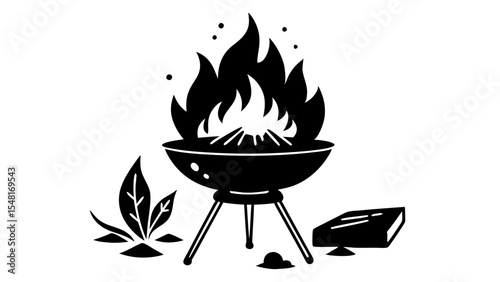 A black silhouette of a barbecue grill with flames isolated on white background
