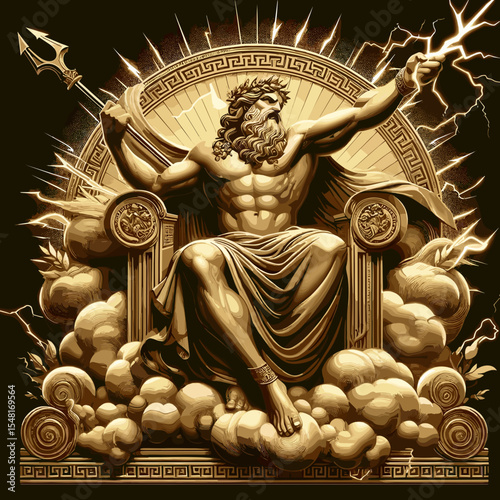 Majestic illustration of a Greek god seated on a throne, wielding a lightning bolt amidst a backdrop of clouds and lightning