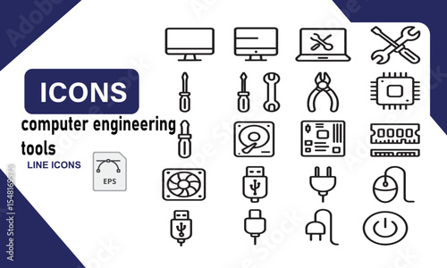 Computer Engineering Tools A Comprehensive Set of Line Icons for Software and Hardware
