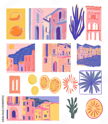 Italian, amalfi, taormina, sicily style vacation hand drawn vector set, poster style, vector elements design, doodle small town panorama, coastal.