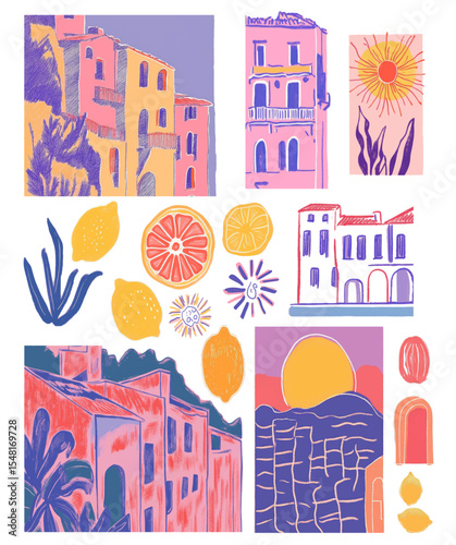 Italian, amalfi, taormina, sicily style vacation hand drawn vector set, poster style, vector elements design, doodle small town panorama, coastal.