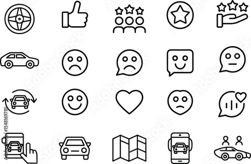 Black and White Car Service App Icons Set Customer Feedback Ratings Reviews Thumbs Up Down Smiley Faces Map