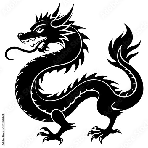 Silhouette of a powerful chinese dragon isolated on white background