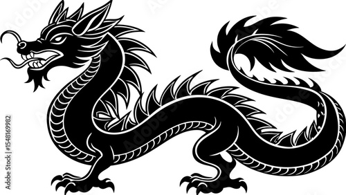 Silhouette of a fierce chinese dragon isolated on white background