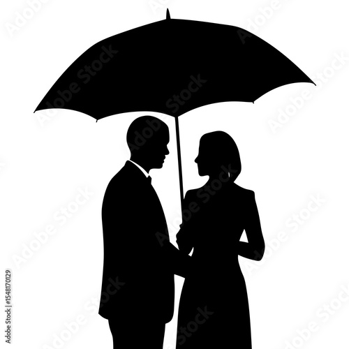Silhouette of a couple standing under an umbrella isolated on white background