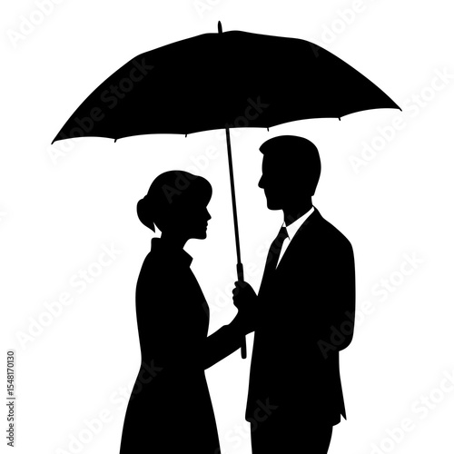 Silhouette of a couple sharing an umbrella, isolated on white background
